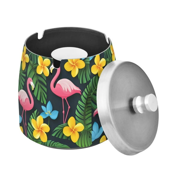 Yayeee Ashtray with Lid for Cigarette Smokeless Stainless Steel Home Ash Holder, Flamingo Floral Pattern