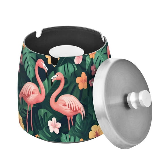 Yayeee Ashtray with Lid for Cigarette Smokeless Stainless Steel Home Ash Holder, Flamingo Leaves Pattern