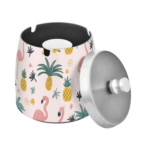 Yayeee Ashtray with Lid for Cigarette Smokeless Stainless Steel Home Ash Holder, Flamingo Pattern
