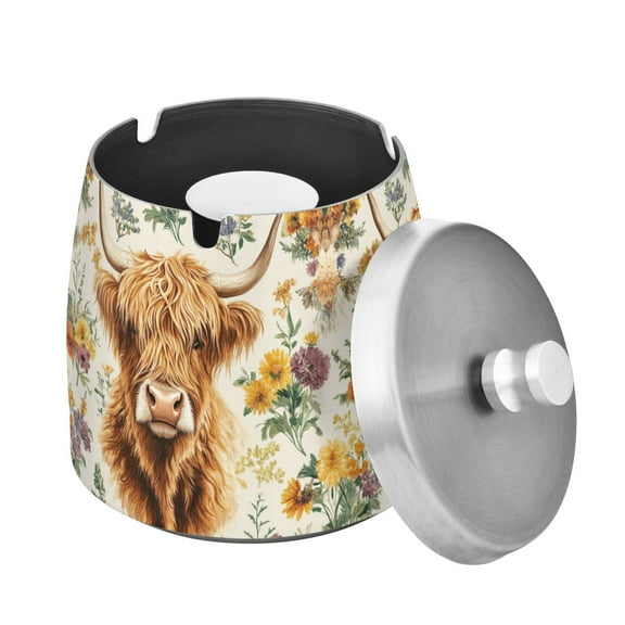 Yayeee Ashtray with Lid for Cigarette Smokeless Stainless Steel Home Ash Holder, Floral Cow