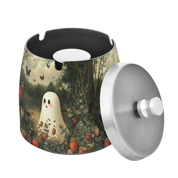 Yayeee Ashtray with Lid for Cigarette Smokeless Stainless Steel Home Ash Holder, Ghost in Strawberry Fields