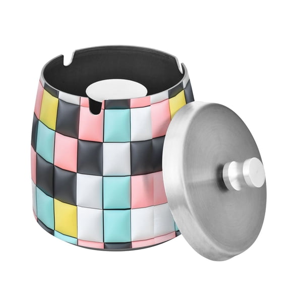 Yayeee Ashtray with Lid for Cigarette Smokeless Stainless Steel Home Ash Holder, Gray Checkered Pattern