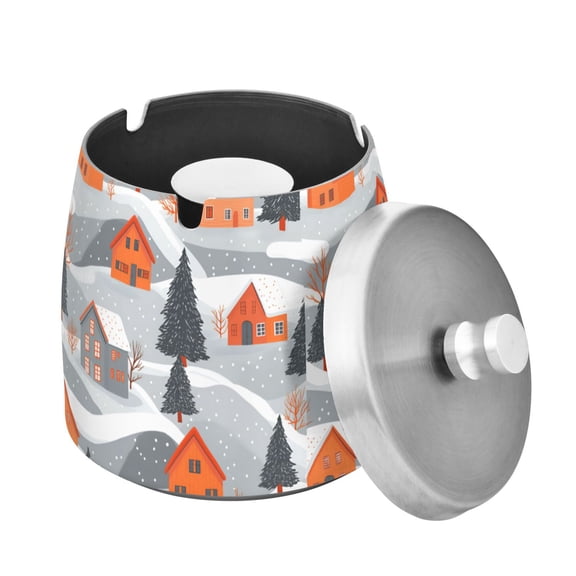 Yayeee Ashtray with Lid for Cigarette Smokeless Stainless Steel Home Ash Holder, Gray Snow Houses