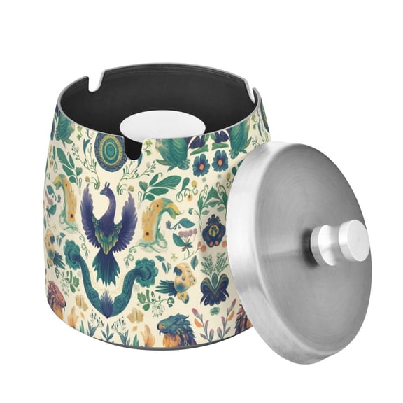 Yayeee Ashtray with Lid for Cigarette Smokeless Stainless Steel Home Ash Holder, Green Animals Pattern