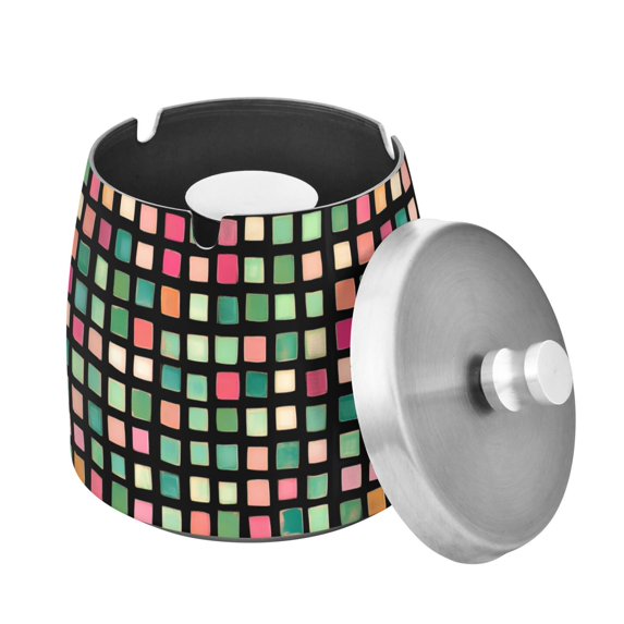 Yayeee Ashtray with Lid for Cigarette Smokeless Stainless Steel Home Ash Holder, Green Block Pattern