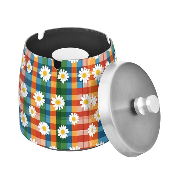 Yayeee Ashtray with Lid for Cigarette Smokeless Stainless Steel Home Ash Holder, Green Checkered Daisy