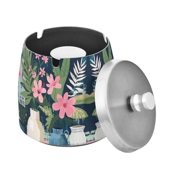 Yayeee Ashtray with Lid for Cigarette Smokeless Stainless Steel Home Ash Holder, Green Floral