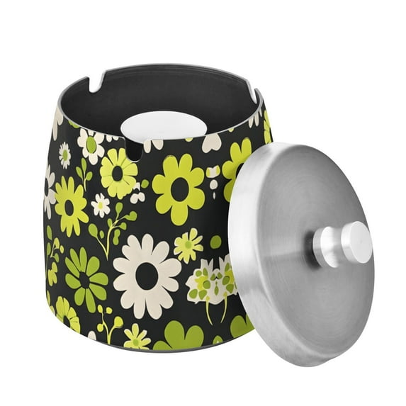 Yayeee Ashtray with Lid for Cigarette Smokeless Stainless Steel Home Ash Holder, Green Flower Pattern