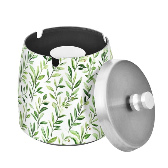 Yayeee Ashtray with Lid for Cigarette Smokeless Stainless Steel Home Ash Holder, Green Leafy Pattern