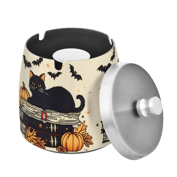 Yayeee Ashtray with Lid for Cigarette Smokeless Stainless Steel Home Ash Holder, Halloween Cat