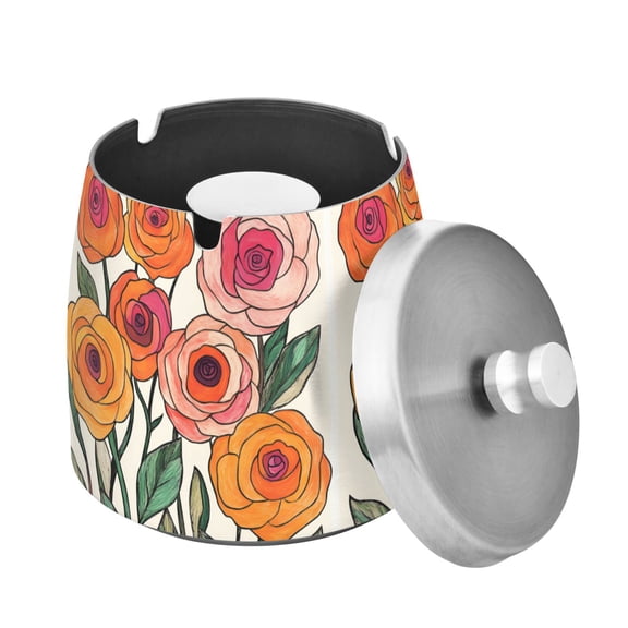 Yayeee Ashtray with Lid for Cigarette Smokeless Stainless Steel Home Ash Holder, Hand Drawn Floral