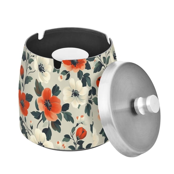 Yayeee Ashtray with Lid for Cigarette Smokeless Stainless Steel Home Ash Holder, Large Red Floral Pattern
