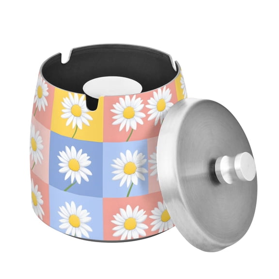 Yayeee Ashtray with Lid for Cigarette Smokeless Stainless Steel Home Ash Holder, Light Blue Daisy