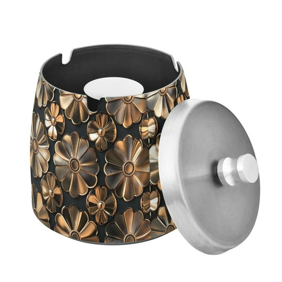 Yayeee Ashtray with Lid for Cigarette Smokeless Stainless Steel Home Ash Holder, Metallic Flower