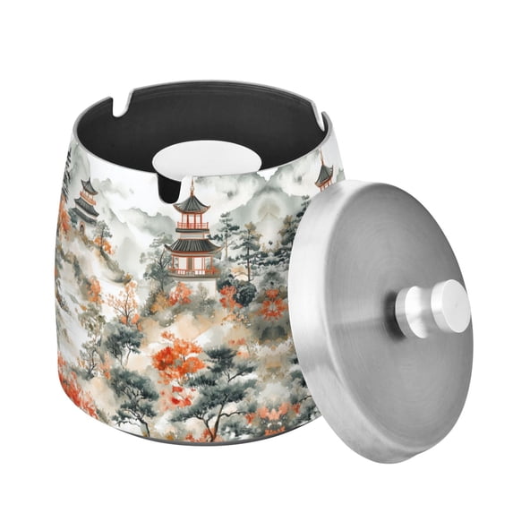 Yayeee Ashtray with Lid for Cigarette Smokeless Stainless Steel Home Ash Holder, Mountain Pattern