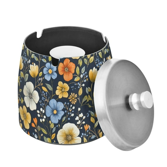 Yayeee Ashtray with Lid for Cigarette Smokeless Stainless Steel Home Ash Holder, Navy Floral Pattern