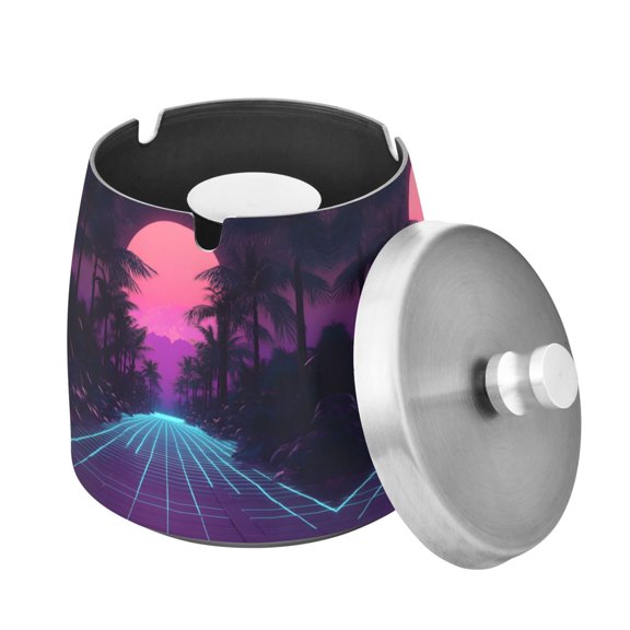 Yayeee Ashtray with Lid for Cigarette Smokeless Stainless Steel Home Ash Holder, Night Neon Road