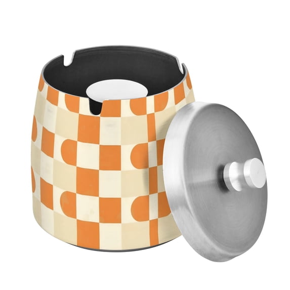 Yayeee Ashtray with Lid for Cigarette Smokeless Stainless Steel Home Ash Holder, Orange Checkered Pattern
