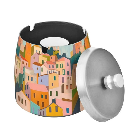 Yayeee Ashtray with Lid for Cigarette Smokeless Stainless Steel Home Ash Holder, Orange Cityscape Painting