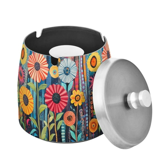 Yayeee Ashtray with Lid for Cigarette Smokeless Stainless Steel Home Ash Holder, Orange Colorful Flowers