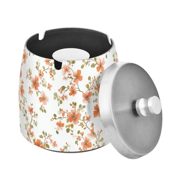 Yayeee Ashtray with Lid for Cigarette Smokeless Stainless Steel Home Ash Holder, Orange Floral Blooms