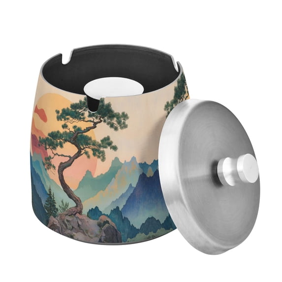 Yayeee Ashtray with Lid for Cigarette Smokeless Stainless Steel Home Ash Holder, Pine Tree at Dawn