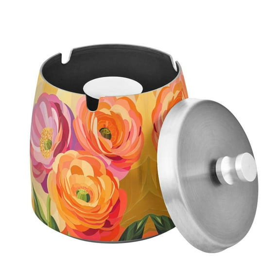 Yayeee Ashtray with Lid for Cigarette Smokeless Stainless Steel Home Ash Holder, Pink Abstract Floral