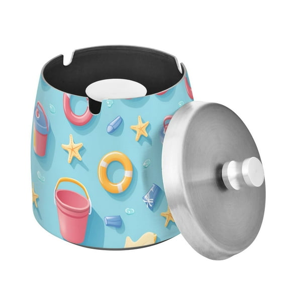 Yayeee Ashtray with Lid for Cigarette Smokeless Stainless Steel Home Ash Holder, Pink Beach Toys Pattern