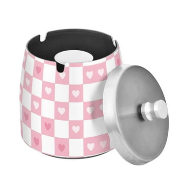 Yayeee Ashtray with Lid for Cigarette Smokeless Stainless Steel Home Ash Holder, Pink Checkered Heart