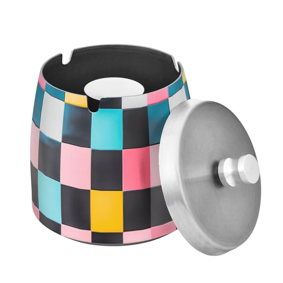 Yayeee Ashtray with Lid for Cigarette Smokeless Stainless Steel Home Ash Holder, Pink Checkered Pattern