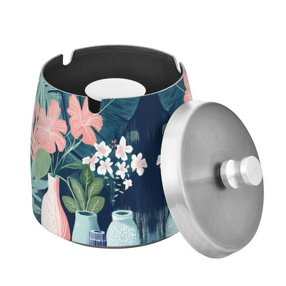 Yayeee Ashtray with Lid for Cigarette Smokeless Stainless Steel Home Ash Holder, Pink Flowers