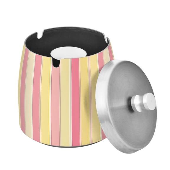 Yayeee Ashtray with Lid for Cigarette Smokeless Stainless Steel Home Ash Holder, Pink and Yellow Striped Pattern