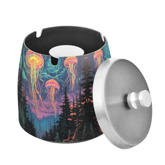 Yayeee Ashtray with Lid for Cigarette Smokeless Stainless Steel Home Ash Holder, Psychedelic Jellyfish