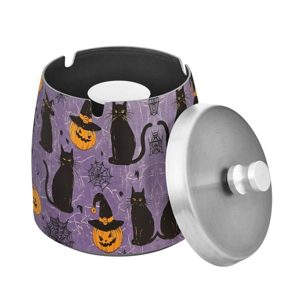 Yayeee Ashtray with Lid for Cigarette Smokeless Stainless Steel Home Ash Holder, Purple Halloween Black Cat