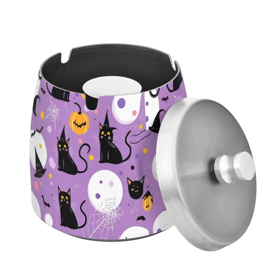 Yayeee Ashtray with Lid for Cigarette Smokeless Stainless Steel Home Ash Holder, Purple Halloween Pattern