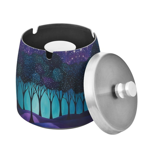 Yayeee Ashtray with Lid for Cigarette Smokeless Stainless Steel Home Ash Holder, Purple Moonlight Forest