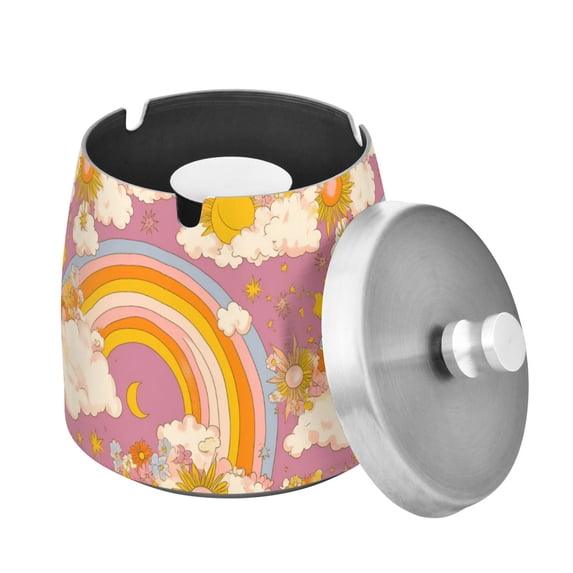 Yayeee Ashtray with Lid for Cigarette Smokeless Stainless Steel Home Ash Holder, Purple Retro Rainbow