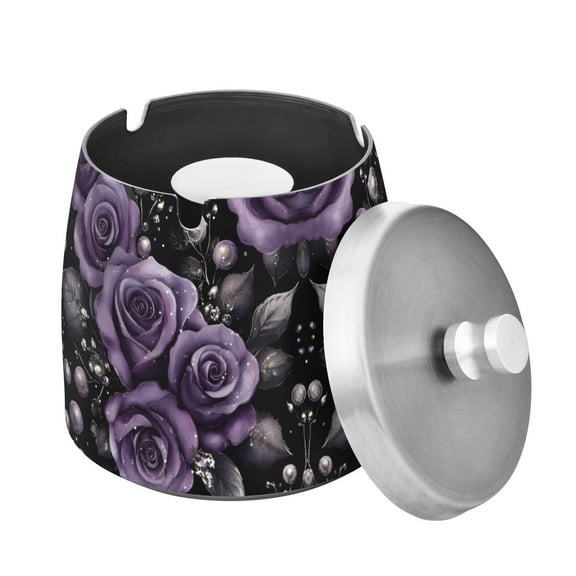 Yayeee Ashtray with Lid for Cigarette Smokeless Stainless Steel Home Ash Holder, Purple Roses