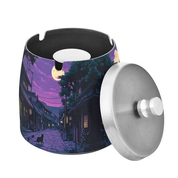 Yayeee Ashtray with Lid for Cigarette Smokeless Stainless Steel Home Ash Holder, Purple Street