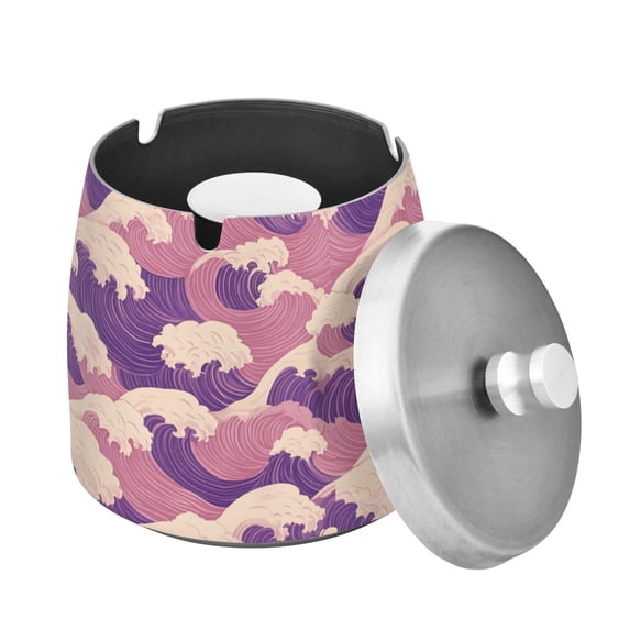 Yayeee Ashtray with Lid for Cigarette Smokeless Stainless Steel Home Ash Holder, Purple Wave Pattern