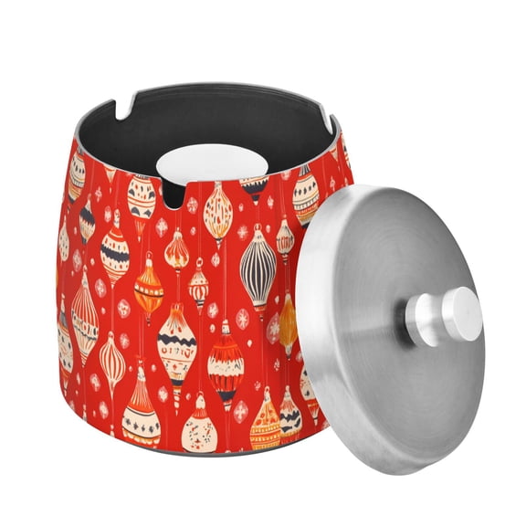 Yayeee Ashtray with Lid for Cigarette Smokeless Stainless Steel Home Ash Holder, Red Christmas Ornaments Pattern