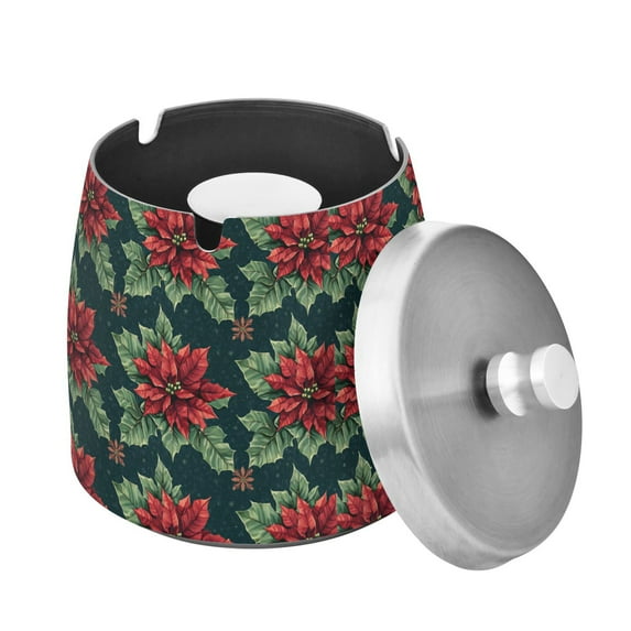 Yayeee Ashtray with Lid for Cigarette Smokeless Stainless Steel Home Ash Holder, Red Christmas Poinsettias