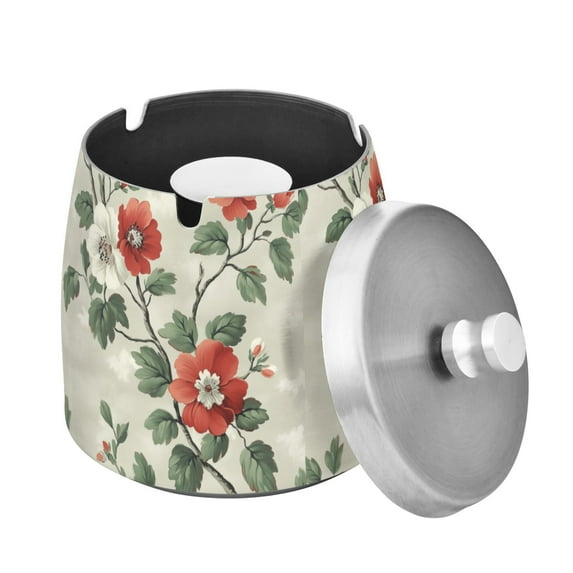 Yayeee Ashtray with Lid for Cigarette Smokeless Stainless Steel Home Ash Holder, Red Floral Pattern