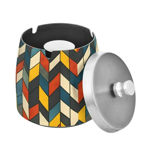 Yayeee Ashtray with Lid for Cigarette Smokeless Stainless Steel Home Ash Holder, Red Geometric