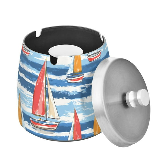 Yayeee Ashtray with Lid for Cigarette Smokeless Stainless Steel Home Ash Holder, Red Sailboats