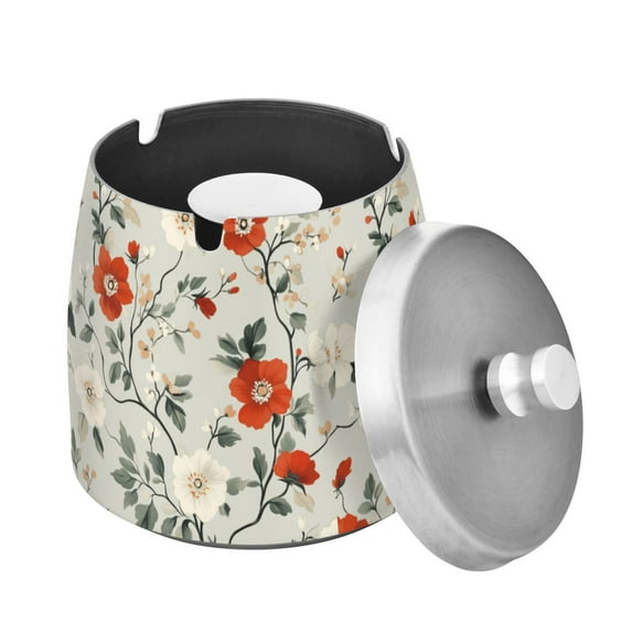 Yayeee Ashtray with Lid for Cigarette Smokeless Stainless Steel Home Ash Holder, Red and White Floral Pattern