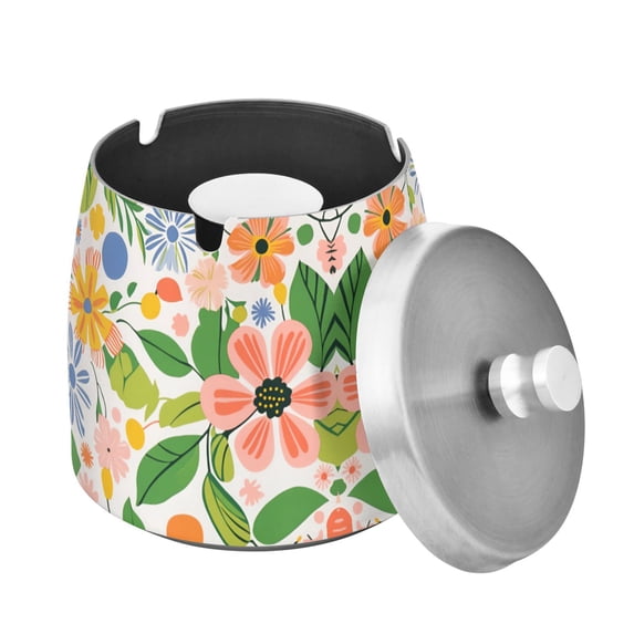 Yayeee Ashtray with Lid for Cigarette Smokeless Stainless Steel Home Ash Holder, Retro Pink Floral