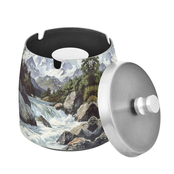 Yayeee Ashtray with Lid for Cigarette Smokeless Stainless Steel Home Ash Holder, River and Mountains