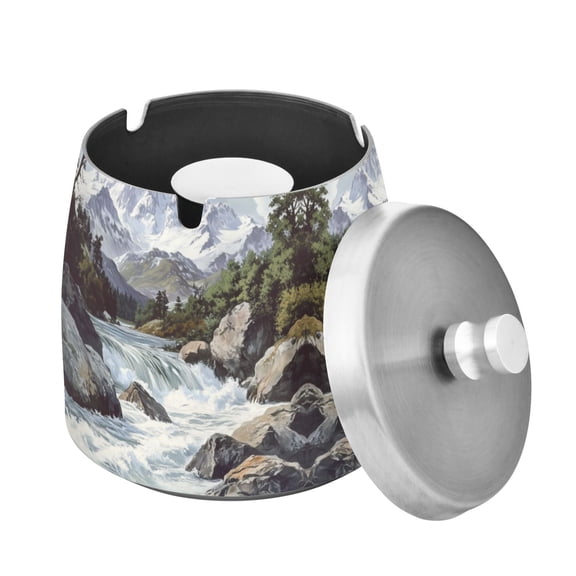 Yayeee Ashtray with Lid for Cigarette Smokeless Stainless Steel Home Ash Holder, River and Mountains
