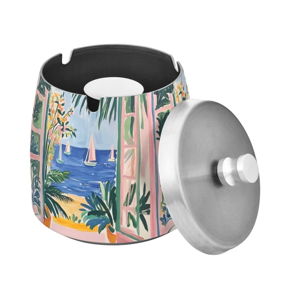 Yayeee Ashtray with Lid for Cigarette Smokeless Stainless Steel Home Ash Holder, Seaside Leaves